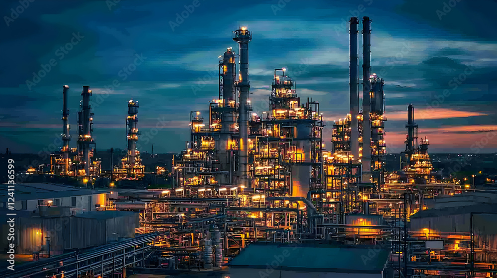 Obraz premium Nighttime view of a bustling industrial complex with glowing lights and smokestacks