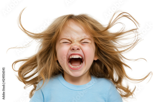Isolated Girl with Flying Hair Screaming Loudly