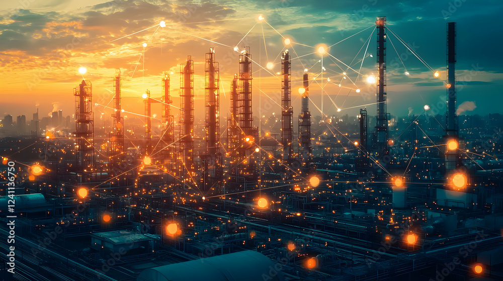 Fototapeta premium Industrial skyline at sunset with connected technology and vibrant lights