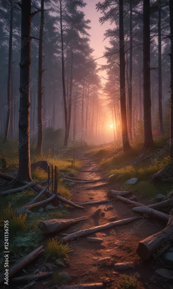 Fototapeta premium Mysterious forest at dusk with ambientador using wooden stakes to mark boundaries, woods, marking, trees