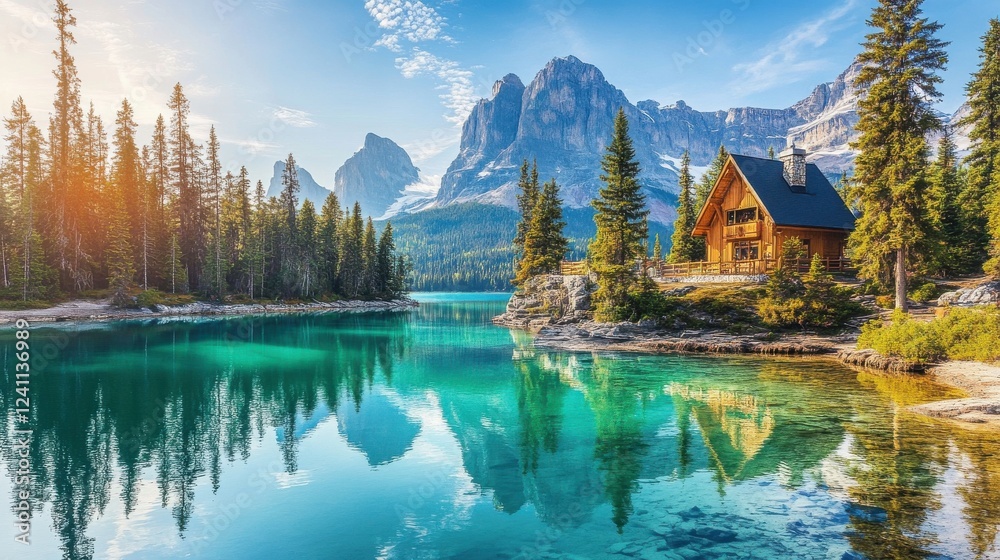 Fototapeta premium Serene Mountain Landscape with Cabin Reflection in Crystal Clear Lake