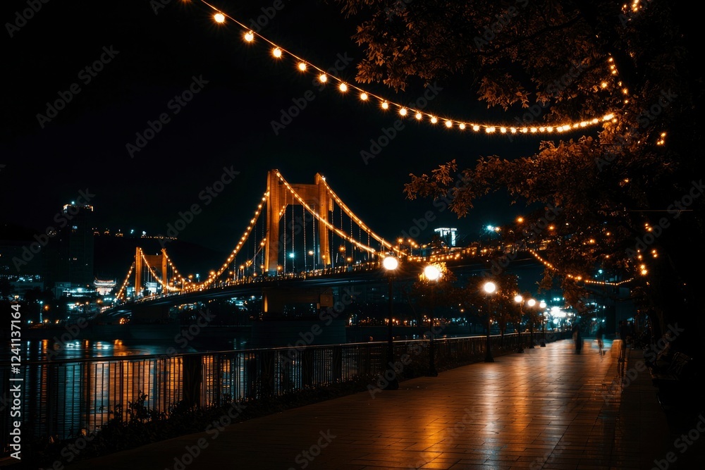 Obraz premium Night View of Illuminated Suspension Bridge and Promenade