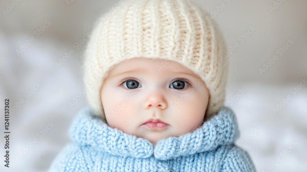 Baby in knitted hat and sweater, indoor portrait Baby in knitted hat and sweater, indoor portrait