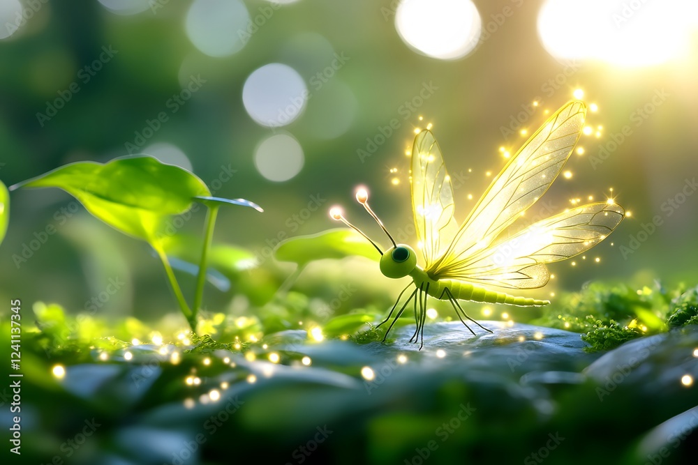 Fairy made of fireflies in the forest, with sunlight shining through her wings and casting sparkles on everything around Fairy made of fireflies in the forest, with sunlight shining through her wings and casting sparkles on everything around