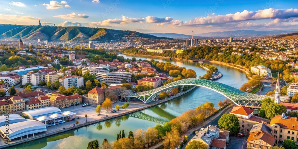 Obraz premium Aerial view of downtown Tbilisi with the Peace Bridge over the Mtkvari River, cityscape, urban landscape