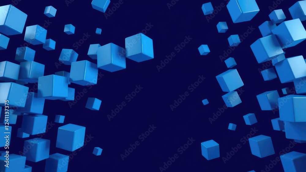 Navy blue background with blue cubes that appear to be in motion or in flight creating a sense of dynamism and movement, dynamic movement, blue cube formation, abstract background Navy blue background with blue cubes that appear to be in motion or in flight creating a sense of dynamism and movement, dynamic movement, blue cube formation, abstract background