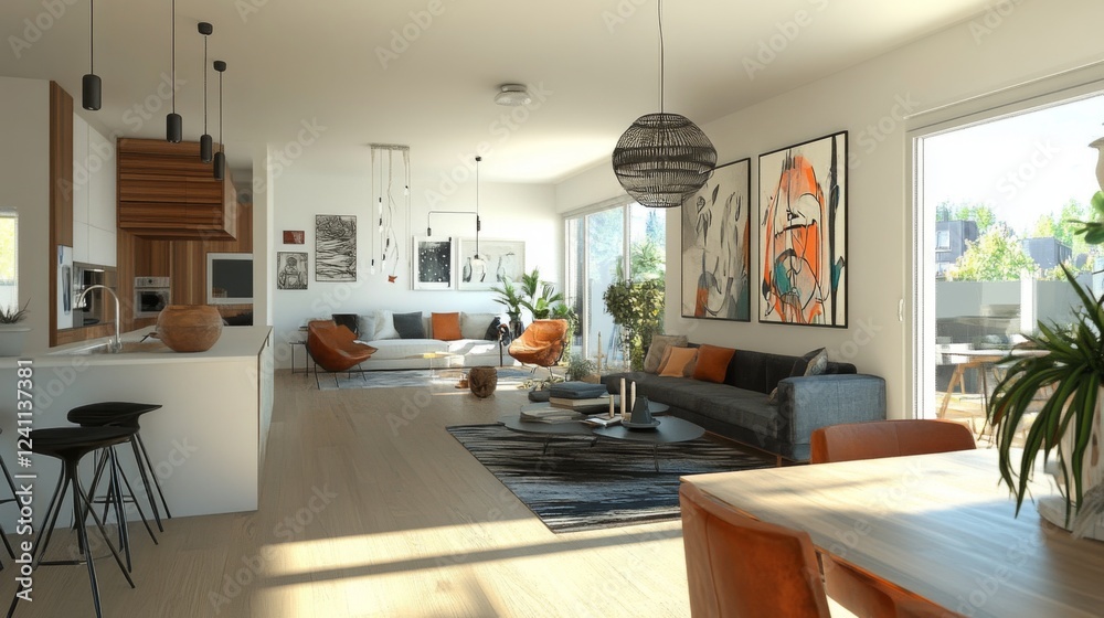 A dynamic living space showcasing an open floor plan, with a mix of vintage and contemporary furniture, artwork on the walls, and a bright, airy atmosphere filled with natural light.