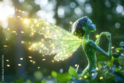 Fairy made of fireflies in the forest, with sunlight shining through her wings and casting sparkles on everything around photo