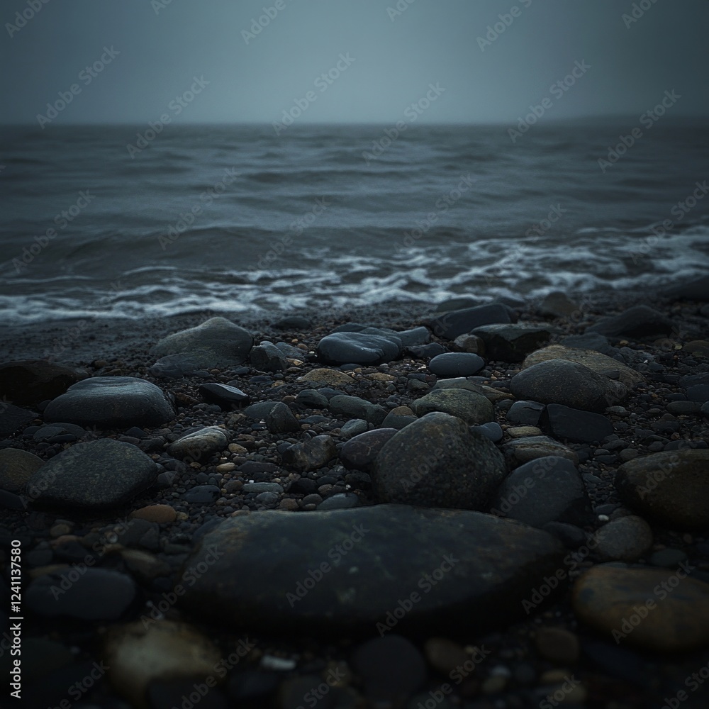 Moody rocky beach with overcast skies and gently crashing waves Moody rocky beach with overcast skies and gently crashing waves