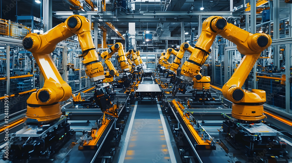 Advanced robotic arms working in a modern automated manufacturing facility Advanced robotic arms working in a modern automated manufacturing facility