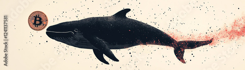 Surreal artwork of whale swimming towards floating bitcoin symbol amidst abstract background. photo