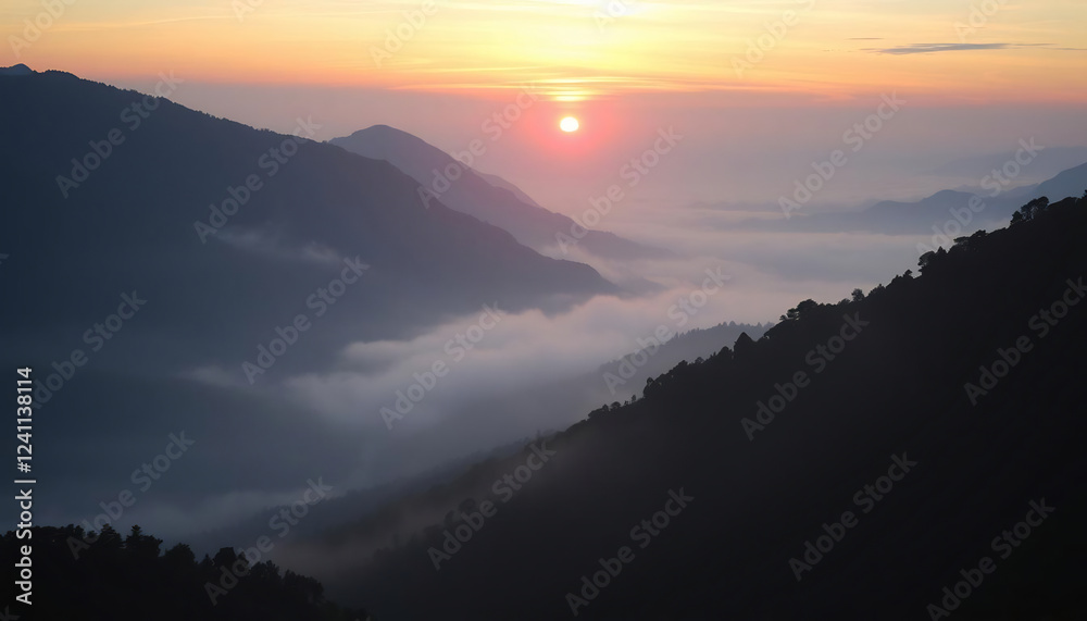 Fototapeta premium Sunrise Over a Misty Mountain Valley
