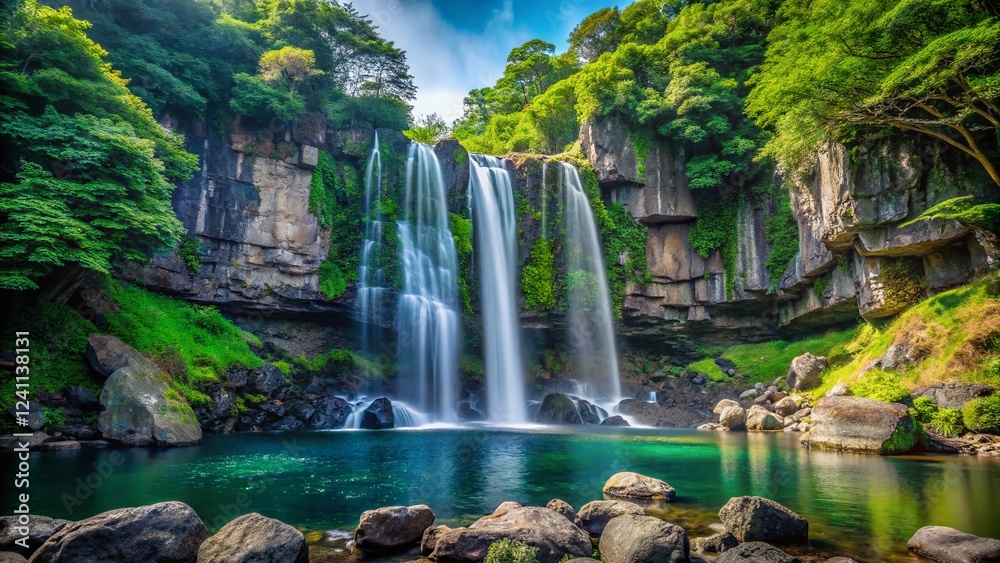 Fototapeta premium Majestic High Sojeongbang Waterfall, Jeju Island, South Korea - Breathtaking Nature Scene
