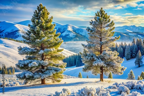 Majestic Pine Trees in Snowy Lamar Valley, Yellowstone National Park Winter Landscape Photography photo