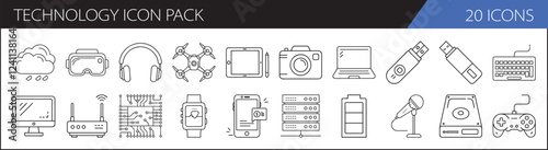 Technology Icon Set Collection - A collection of 20 line icons representing various technology devices, including gadgets, accessories, and tech tools.

