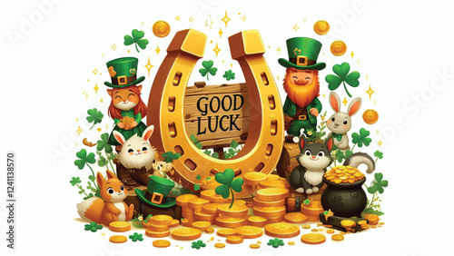 A golden horseshoe surrounded by a group of playful leprechauns and small animals like rabbits or squirrels. Include shamrocks, gold coins, and a rustic wooden sign that says 'Good Luck' 