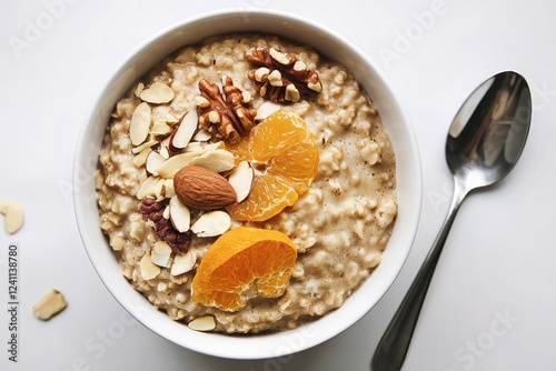A photo of a bowl of cooked boiled sweet oatmeal with nuts and candied fruits