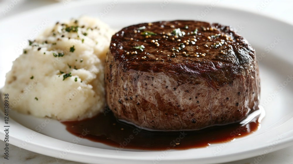 A gourmet steak dish served in a fine dining restaurant, with a perfectly seared steak, truffle mashed potatoes, and a red wine reduction sauce. A gourmet steak dish served in a fine dining restaurant, with a perfectly seared steak, truffle mashed potatoes, and a red wine reduction sauce.