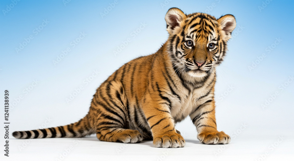 Obraz premium A baby tiger cub sitting playfully, its big round eyes full of curiosity