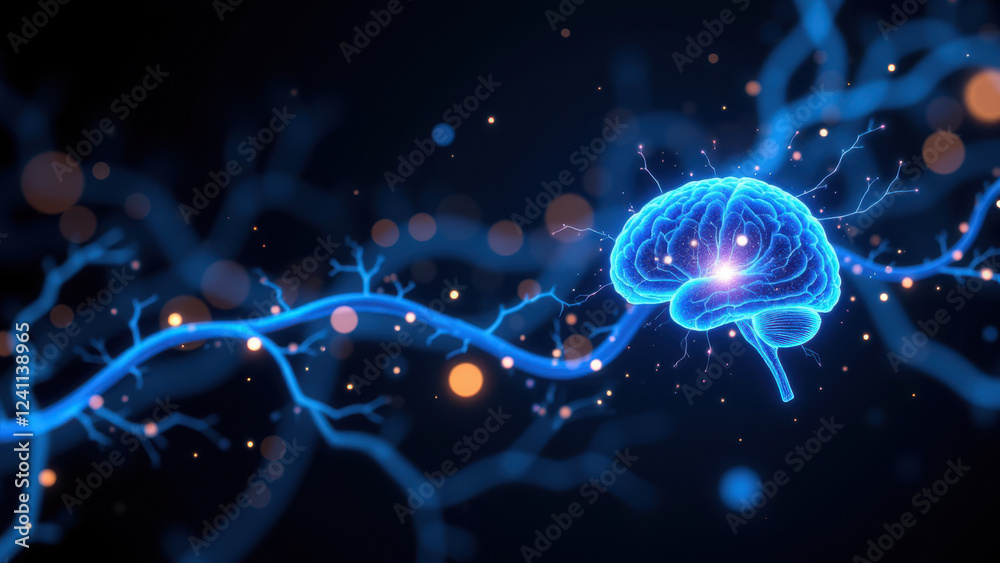 Obraz premium Image depicts a human brain with glowing neurons and synapses, illustrating VNS (vagus nerve stimulation).