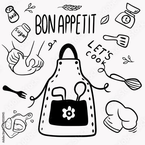 Food preparation elements for cooking: chef's hat, bag of flour, scales, fork, hands with dough, set of cutlery, grater, apron, bon appetit inscription