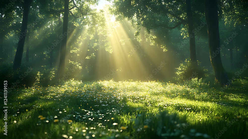 Obraz premium Sunbeams illuminate a misty forest meadow at dawn, nature background