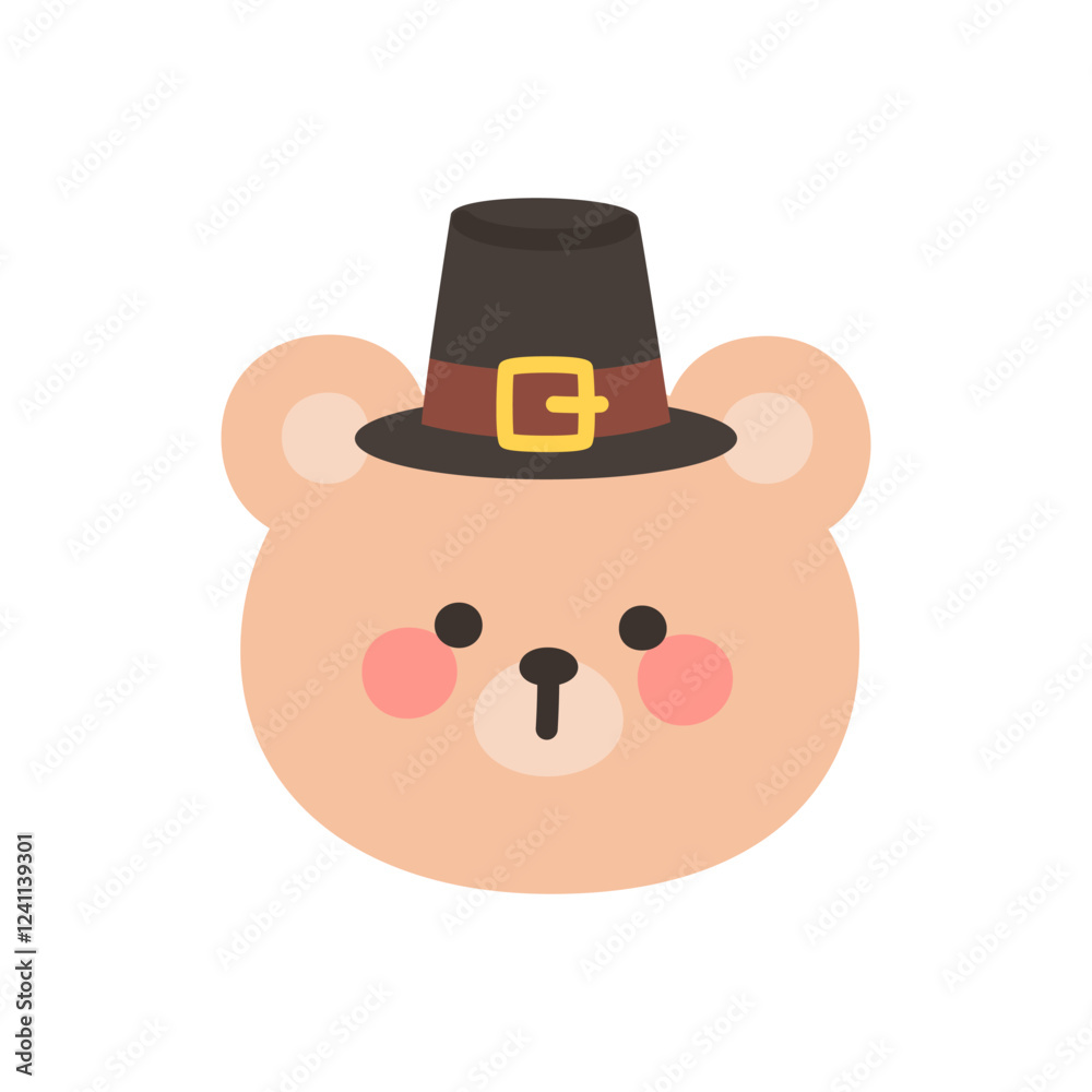 Fototapeta premium Korean Style Bear Cartoon with Pilgrim Hat for Thanksgiving