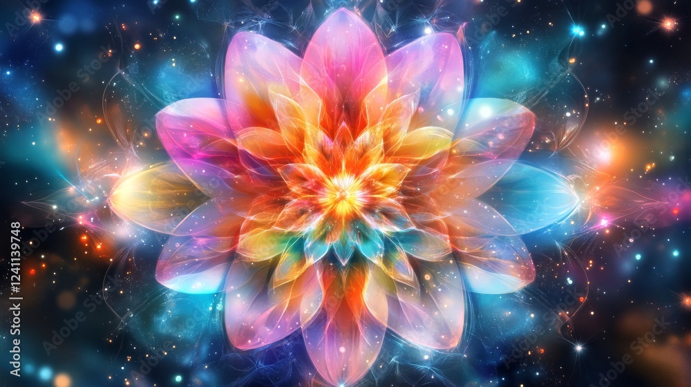 Radiant flower with vibrant colors surrounded by a cosmic background in high-quality visuals Radiant flower with vibrant colors surrounded by a cosmic background in high-quality visuals