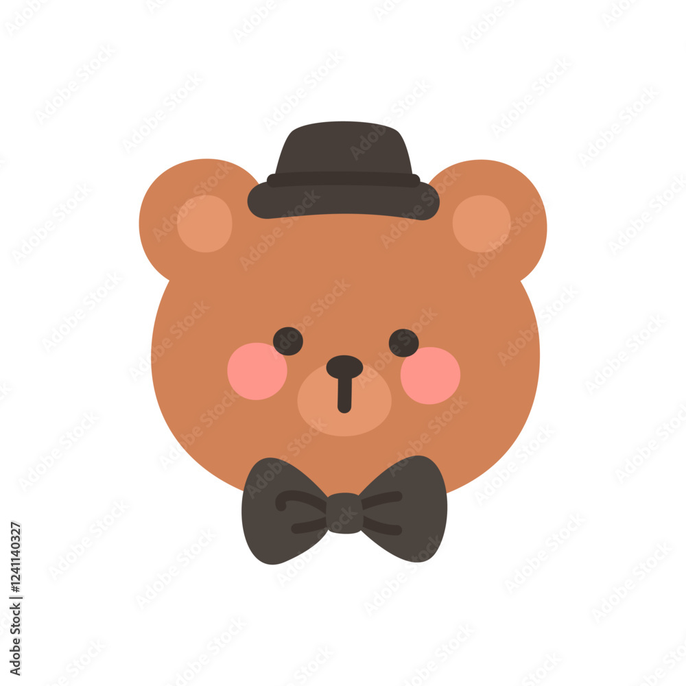 Korean Style Bear Head Cartoon with Black Bowler Hat and Black Bow Tie Korean Style Bear Head Cartoon with Black Bowler Hat and Black Bow Tie
