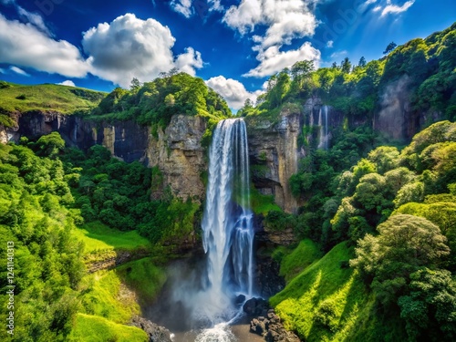 Majestic Mountain Waterfall, Light Blue Sky, Stunning Nature Landscape