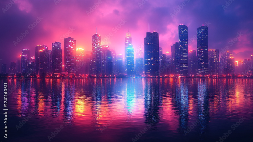 Fototapeta premium Vibrant city skyline at dusk reflecting on water with colorful lights illuminating buildings