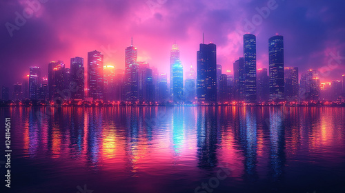 Vibrant city skyline at dusk reflecting on water with colorful lights illuminating buildings