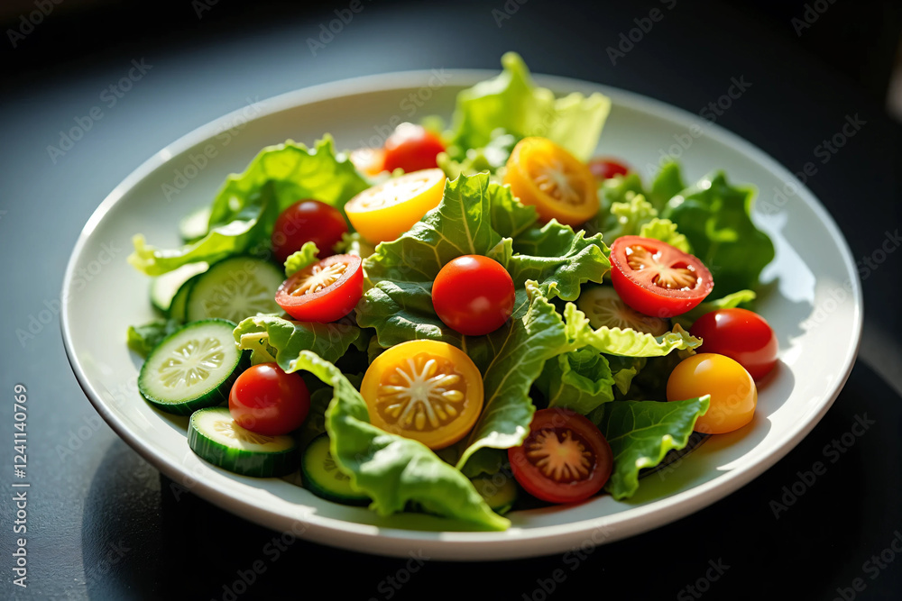 Fresh and Colorful Salad with Crisp Lettuce, Cherry Tomatoes, and Cucumber Slices on a Ceramic Plate Healthy Vegan Meal with Natural Lighting, Perfect for a Nutritious Diet and Food Photography Inspir Fresh and Colorful Salad with Crisp Lettuce, Cherry Tomatoes, and Cucumber Slices on a Ceramic Plate Healthy Vegan Meal with Natural Lighting, Perfect for a Nutritious Diet and Food Photography Inspir