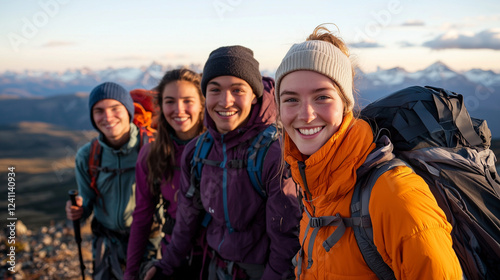 Friends Celebrating Triumph at Mountain Summit