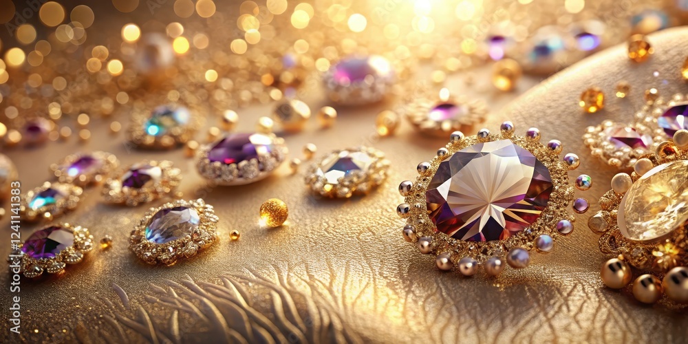Sparkling diamonds scattered across a velvet surface, surrounded by intricate gold filigree and luxurious gemstones, set against a neutral beige background , shimmering, metallic Sparkling diamonds scattered across a velvet surface, surrounded by intricate gold filigree and luxurious gemstones, set against a neutral beige background , shimmering, metallic