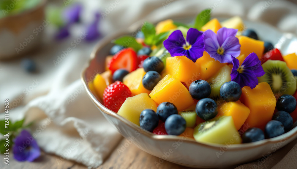 Colorful Fresh Fruit Salad with Pansies Colorful Fresh Fruit Salad with Pansies