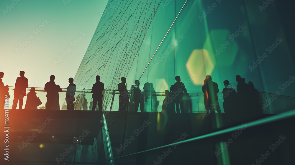 Fototapeta premium Group of business people silhouettes in modern office building and business network concept. Human resources with pastel innovation charts and graphs with statistics to analyze business
