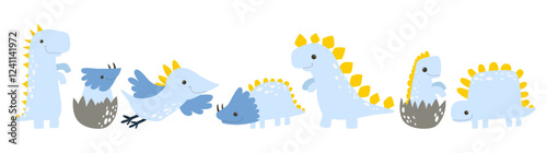 Blue cartoon dinosaur. Dino monster cartoon boy childish vector illustration. Funny art. Ancient animals. Newborn set