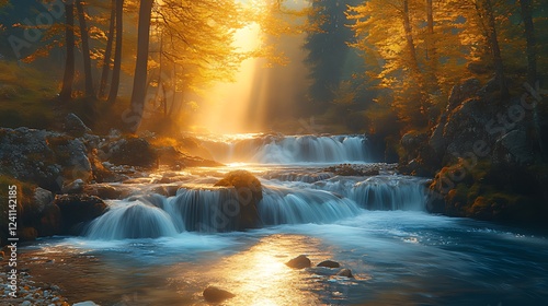 Golden sunrise illuminates cascading waterfall in misty autumn forest
