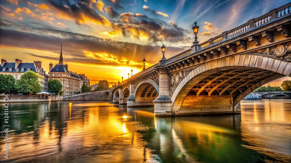 Majestic Sene River Bridge at Sunset: Panoramic View of Architectural Landmark Majestic Sene River Bridge at Sunset: Panoramic View of Architectural Landmark