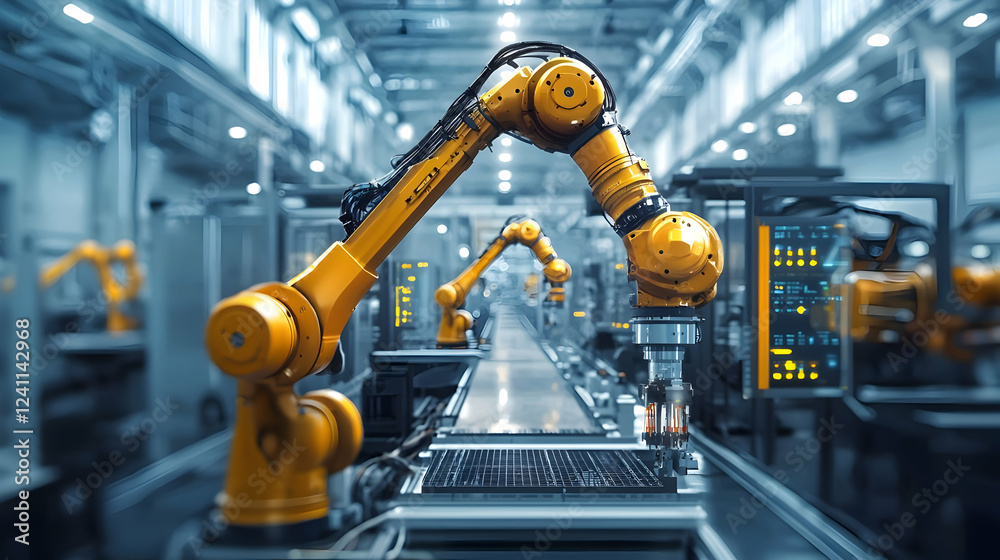 Industrial robotic arm operating in a modern manufacturing facility with machinery (1) Industrial robotic arm operating in a modern manufacturing facility with machinery (1)