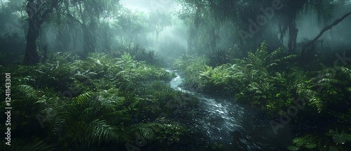A tranquil rainforest scene featuring lush greenery and a gentle stream, illuminated by soft, diffused light filtering through the mist and rain.