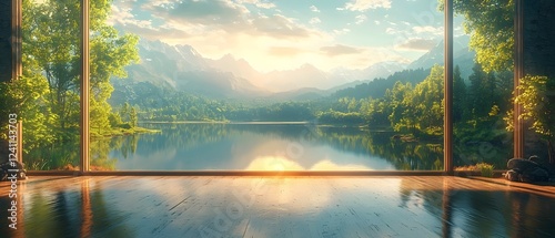 A serene landscape view of a tranquil lake surrounded by majestic mountains, framed by large windows that capture the beauty of nature in soft morning light.