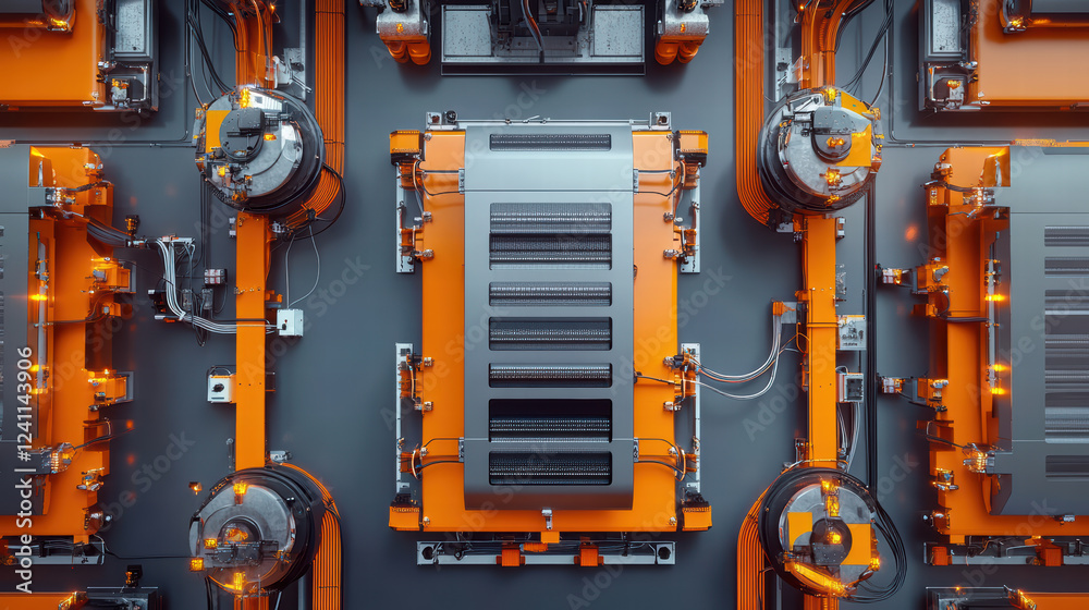 Automated assembly line featuring electric car battery cells with advanced technology and vibrant orange accents. intricate machinery showcases modern manufacturing processes