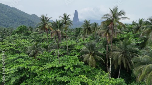 Sao Tome and Principe - Aerial View of Pico Cao Grande. Iconic Volcanic Peak Surrounded by Lush Palm Trees and Tropical Rainforest.