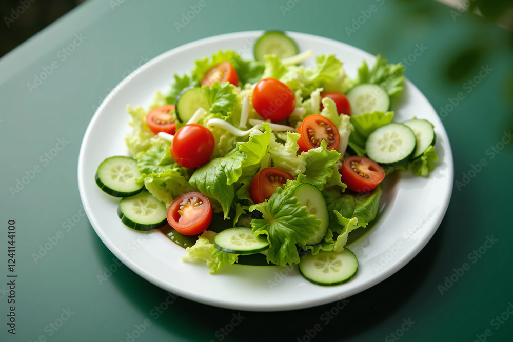 Fresh and Colorful Salad with Crisp Lettuce, Cherry Tomatoes, and Cucumber Slices on a Ceramic Plate Healthy Vegan Meal with Natural Lighting, Perfect for a Nutritious Diet and Food Photography Inspir Fresh and Colorful Salad with Crisp Lettuce, Cherry Tomatoes, and Cucumber Slices on a Ceramic Plate Healthy Vegan Meal with Natural Lighting, Perfect for a Nutritious Diet and Food Photography Inspir