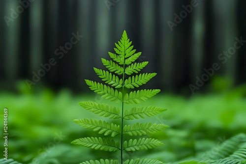 Vibrant green fern frond stands out against dark forest background, showcasing symmetrical pinnate leaves in sharp detail, perfect for nature and wellness designs.