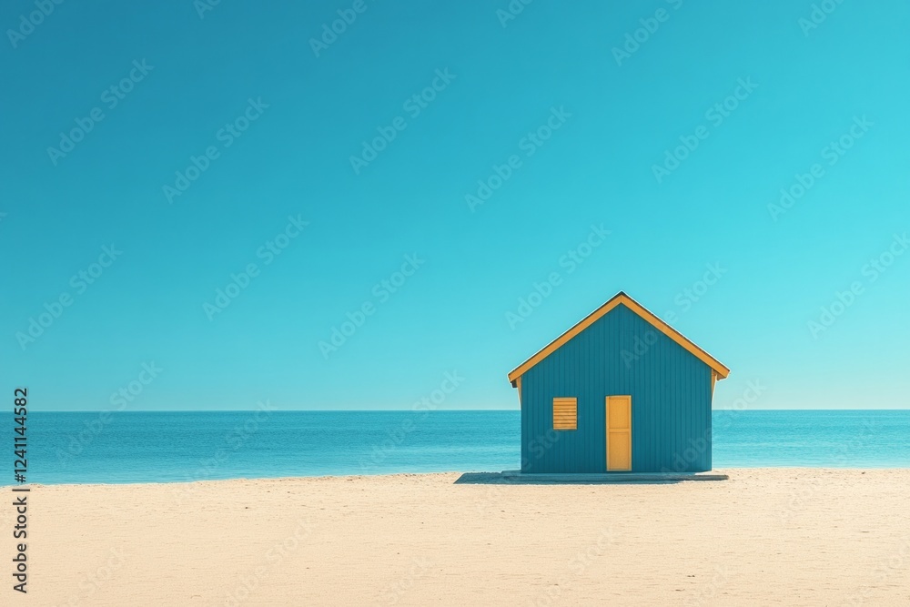 Vibrant blue beach hut with yellow trim on sunny seashore