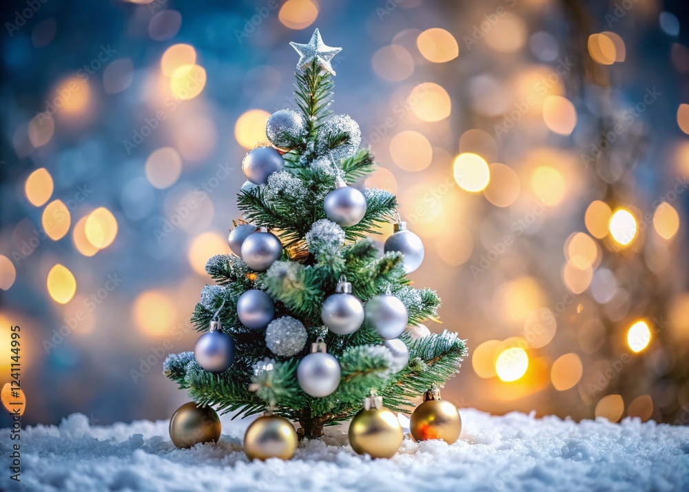 Obraz premium Miniature Christmas Tree with Silver Ornaments - Festive Holiday Decoration