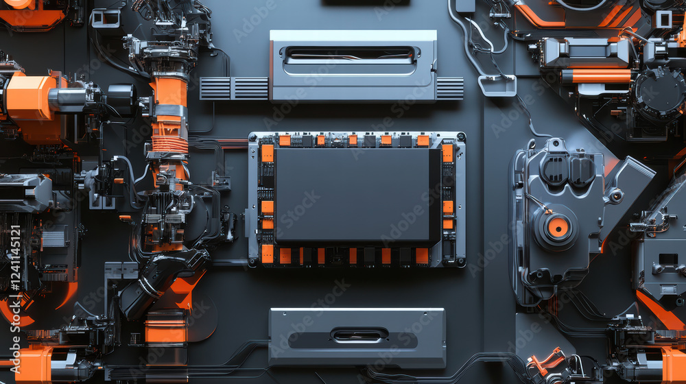 Fototapeta premium High tech machinery featuring intricate components and circuits, showcasing modern assembly line for electric vehicle battery cells. design emphasizes innovation and efficiency